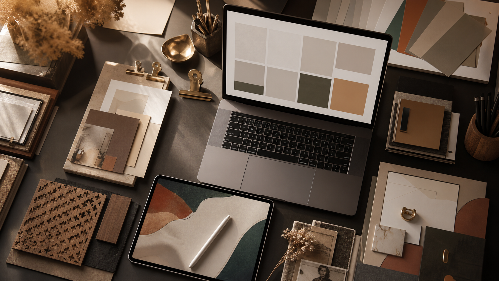 Creative director desk with design resources